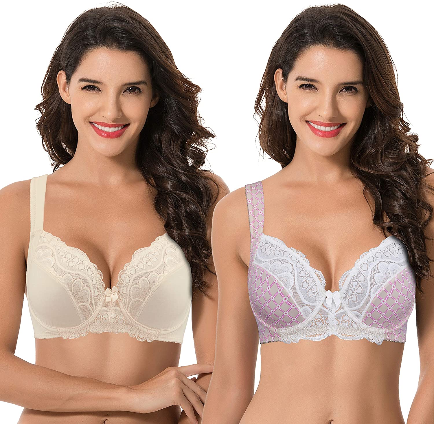 Curve Muse Women's Plus Size Add 1 and a half Cup Push Up Underwire Lace  Bras -2PK-Black,Cream-34D 