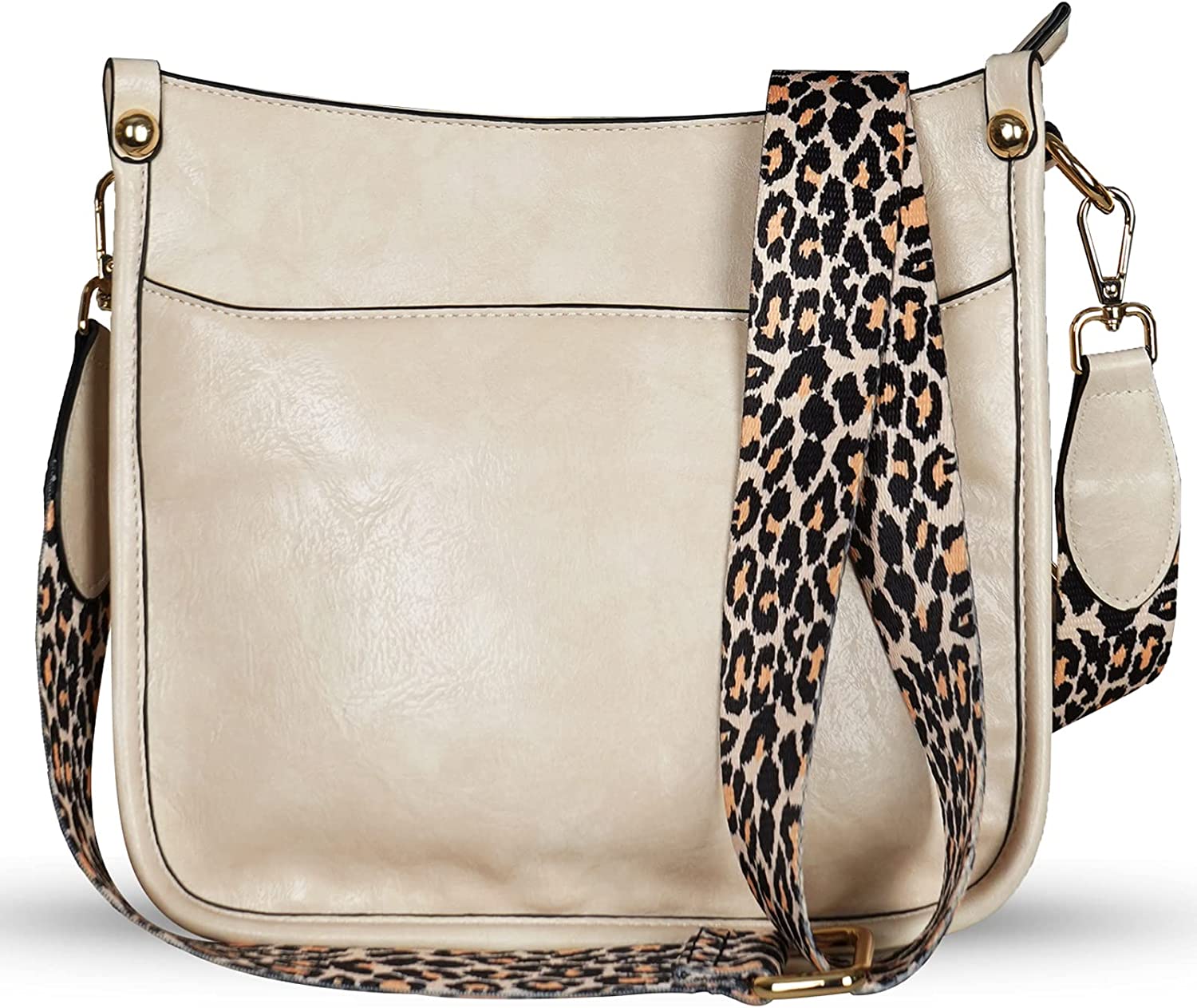 Beige Vegan Leather Crossbody Bag with Leopard Canvas Strap