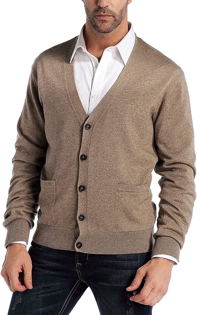 Kallspin Mens Cashmere Wool Blend Relaxed Fit V Neck Knitted Gilets Sleeveless Cardigan Sweater with Buttons 