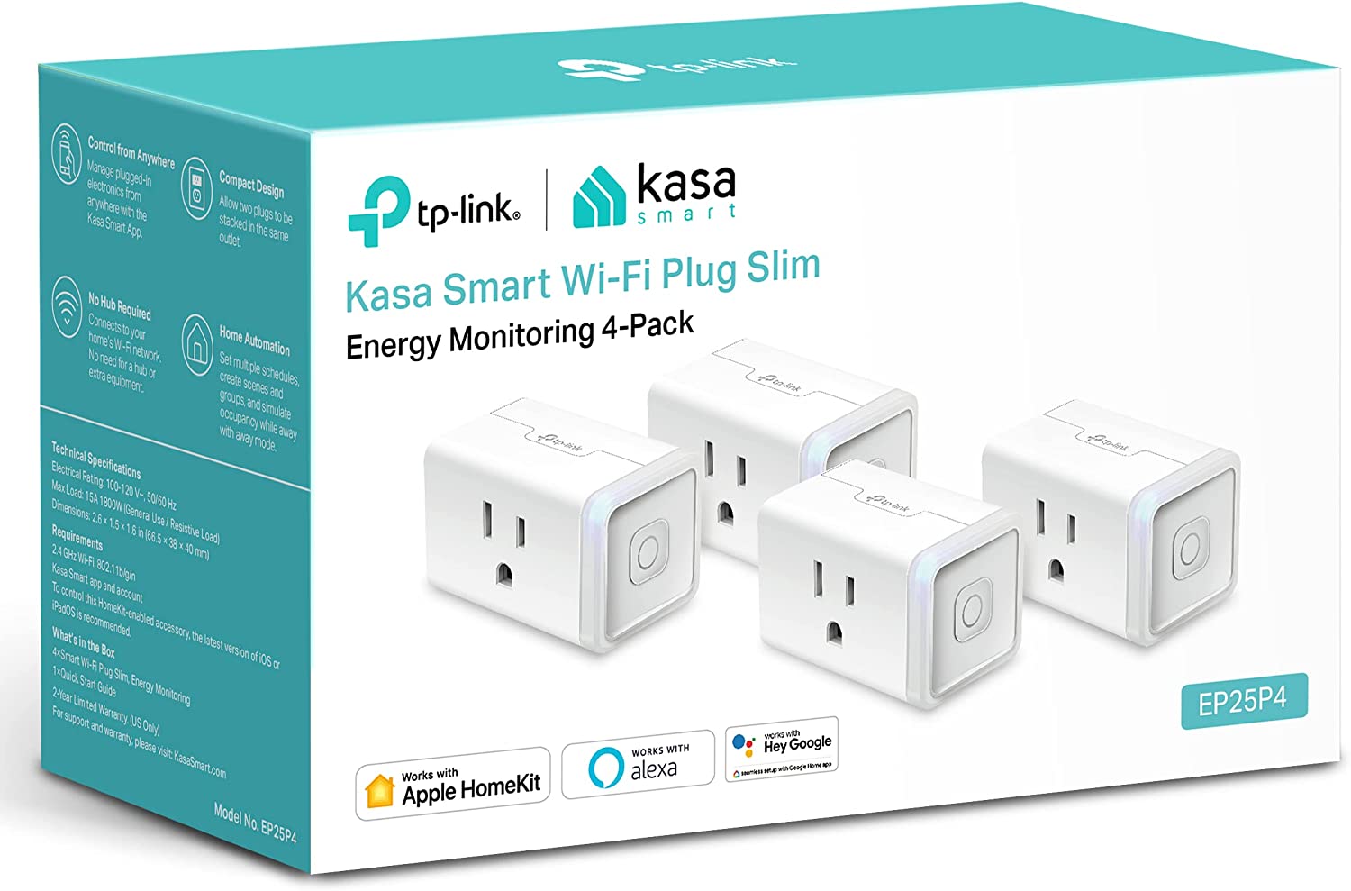 Kasa Smart Plug HS103P4, Smart Home Wi-Fi Outlet Works with Alexa, Echo,  Google Home & IFTTT, No Hub Required, Remote Control, 15 Amp, UL Certified