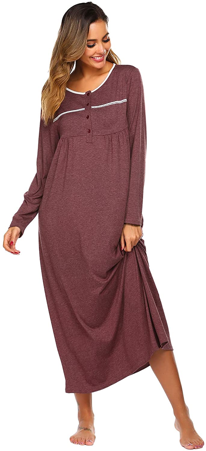 Ekouaer Botton Down Nightshirts Women’s Long Sleeves Sleepwear Classic Scoop Neck Nightgown Robe S-XXL 