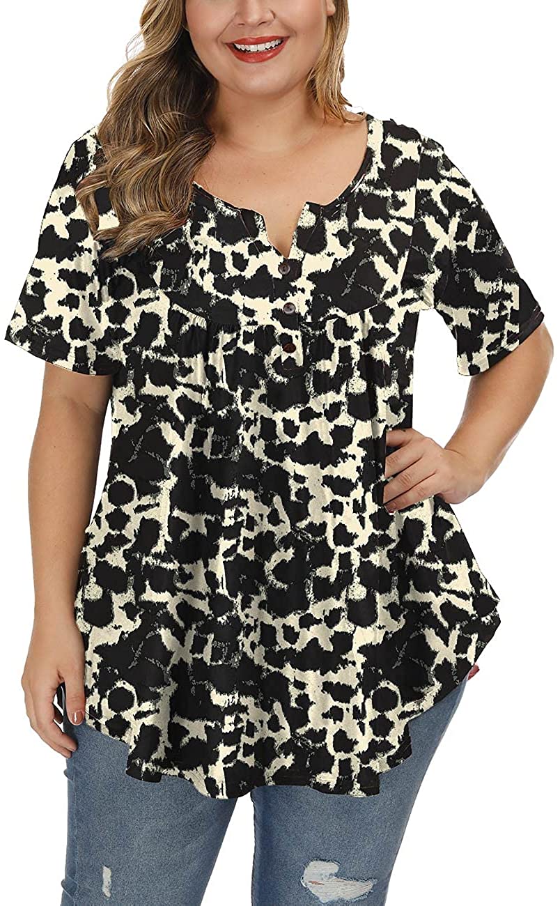 ALLEGRACE Women's Plus Size Blouses Short Sleeve Henley Shirts Button Up V  Neck Floral Pleated Tunic Tops Black 4X at  Women's Clothing store