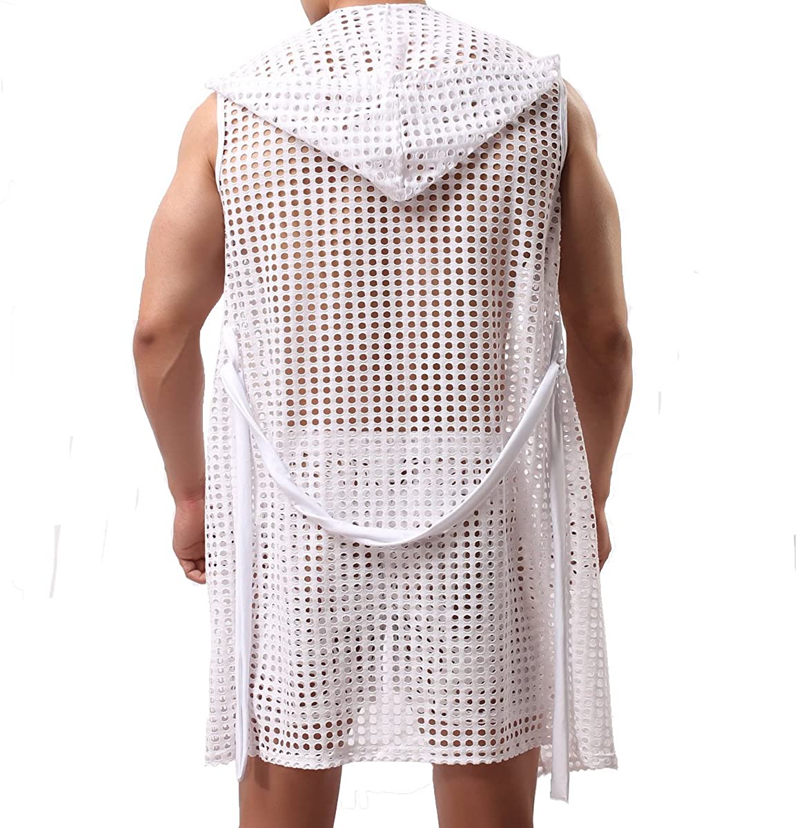 Men's Mesh Fishnet Robes Hooded Short Sleeveless Bathrobes Nightwear