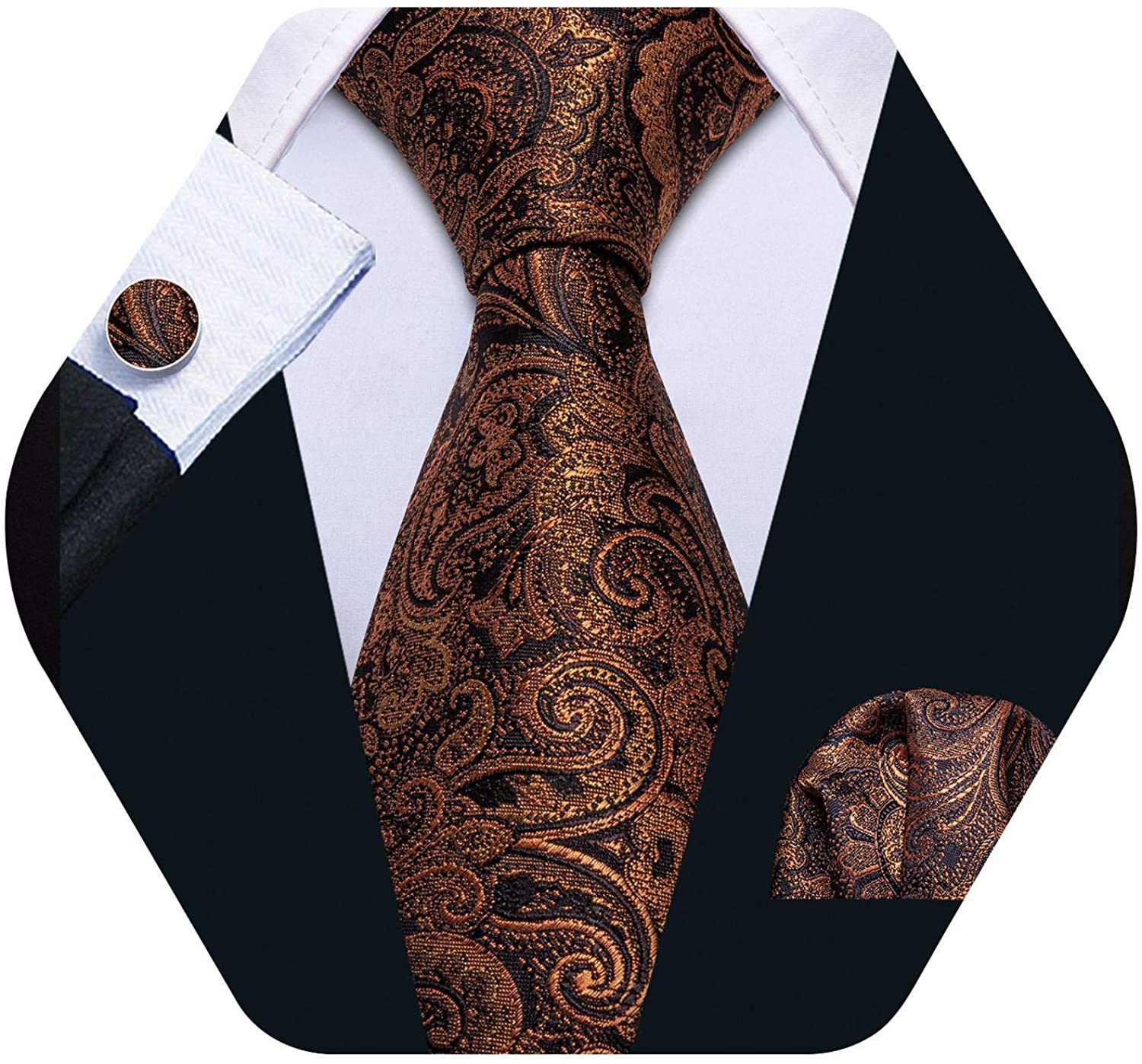 Gold and Brown Paisley Patterned Handmade 100% Silk Tie and Pocket Square Set 