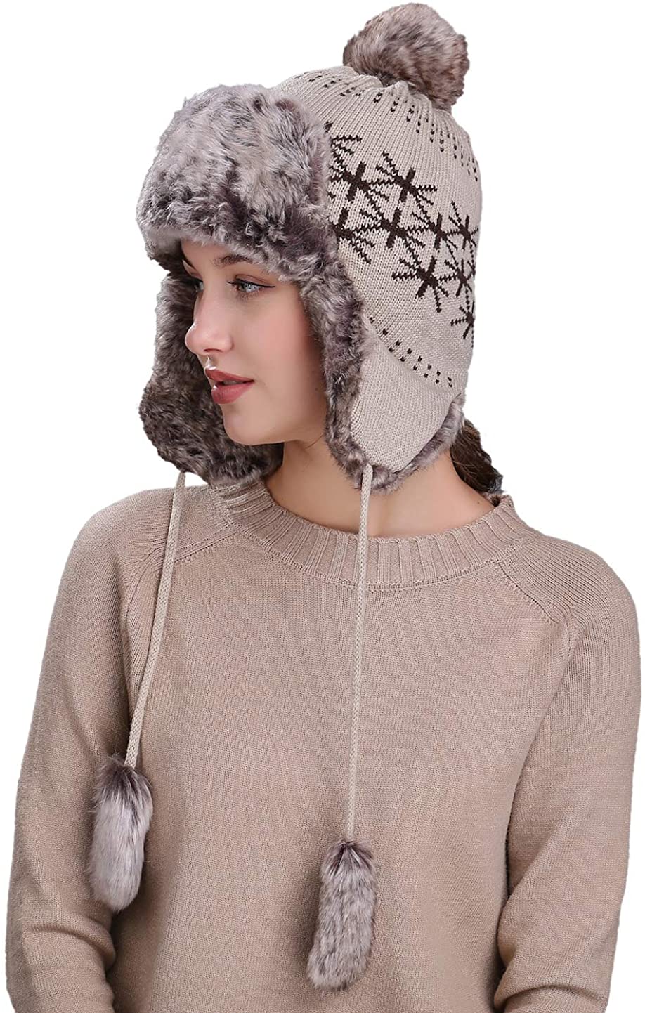 Home Prefer Womens Girls Earflap Hat Faux Fur Knit Hat Warm Snow Ski Trapper Hat