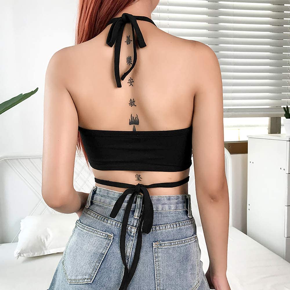 Women Fire Print Cross Bandage Crop Top Halter Backless