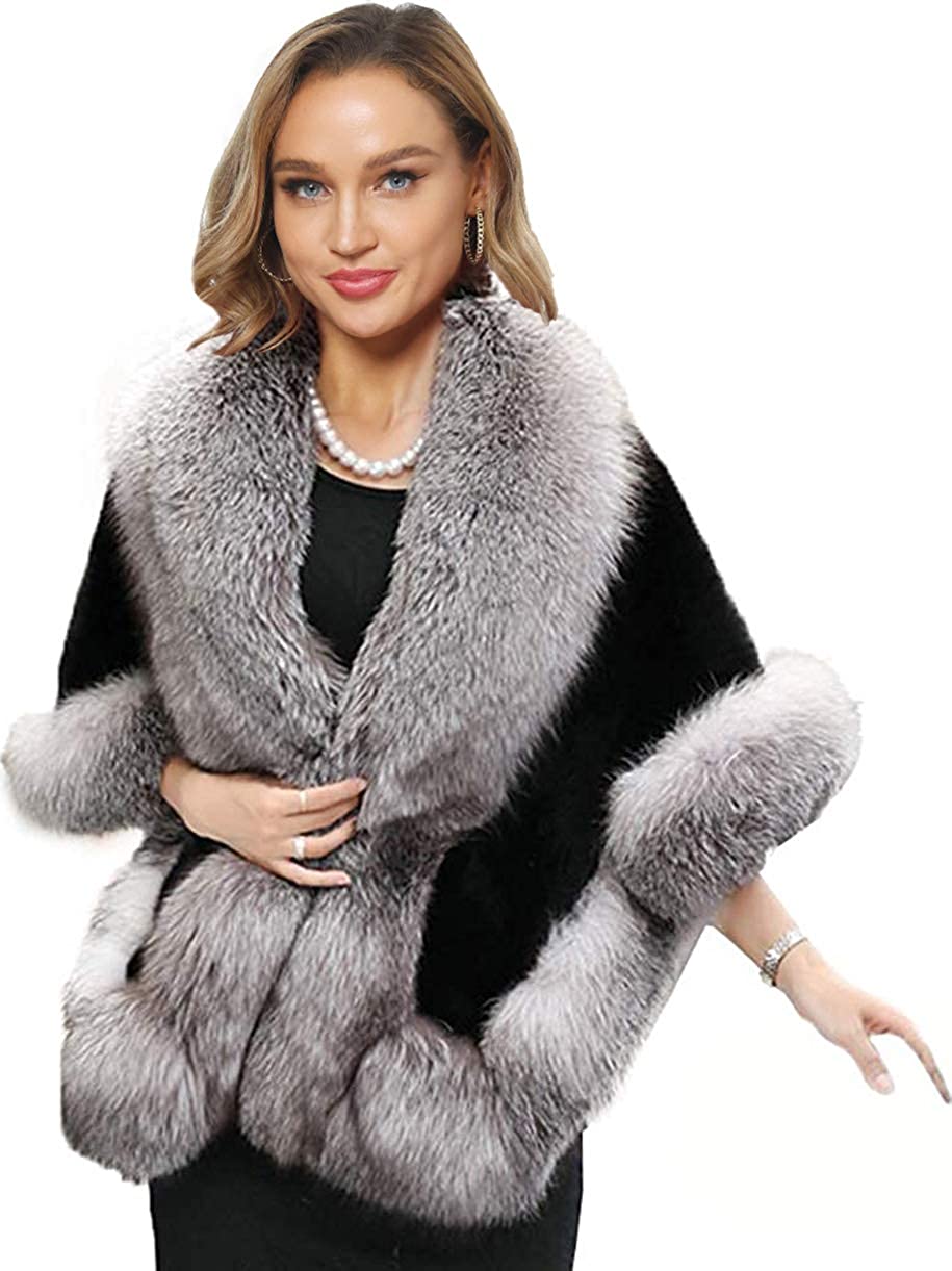 Caracilia Women Luxury Faux Fur Coat Jackets Wrap Cape Shawl for