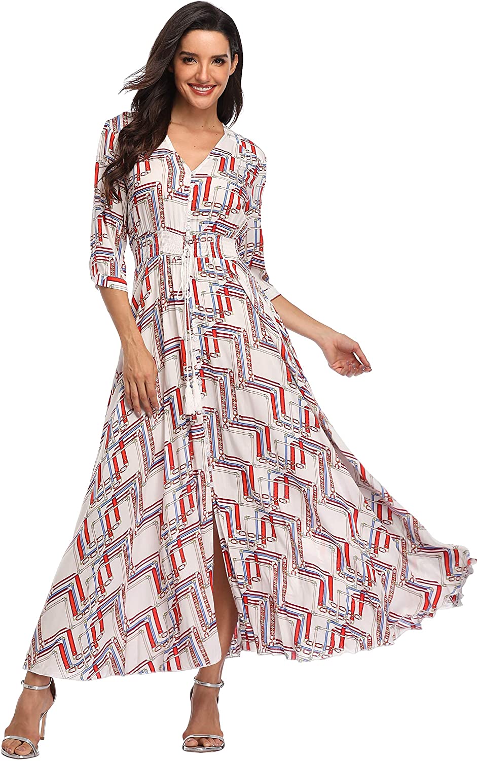 Summer Floral Print Maxi Dress Women Button Up Split Long Flowy Bohemian  Beach Party Dresses