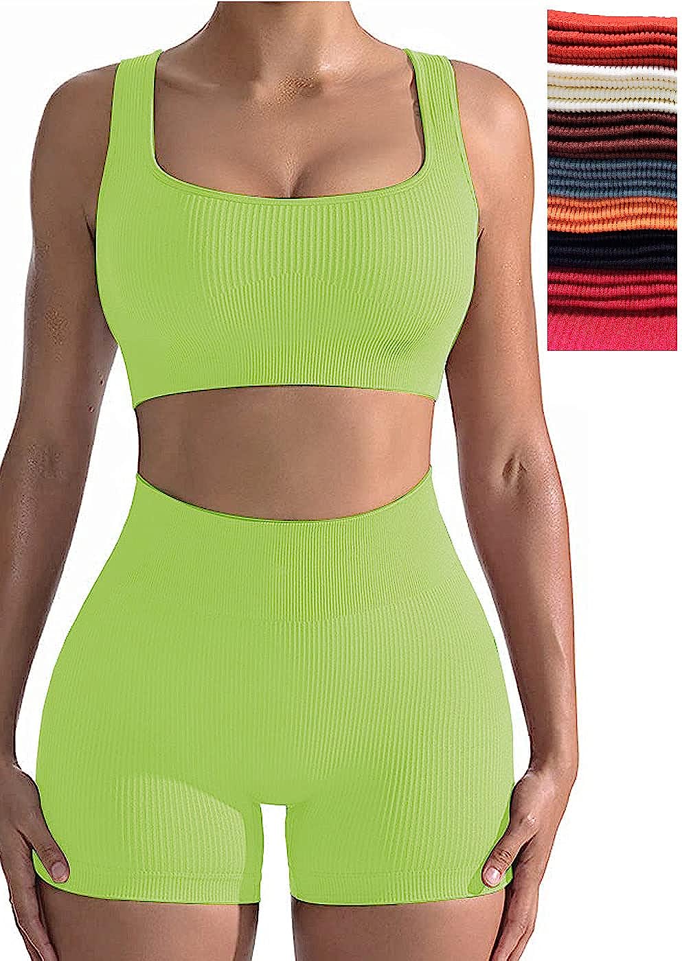 Bulk-buy Women Active Wear Solid Fluorescent Green Top High Bra High Waist  Slim Fitted Tummy Control Leggings Yoga Outfits Wear price comparison