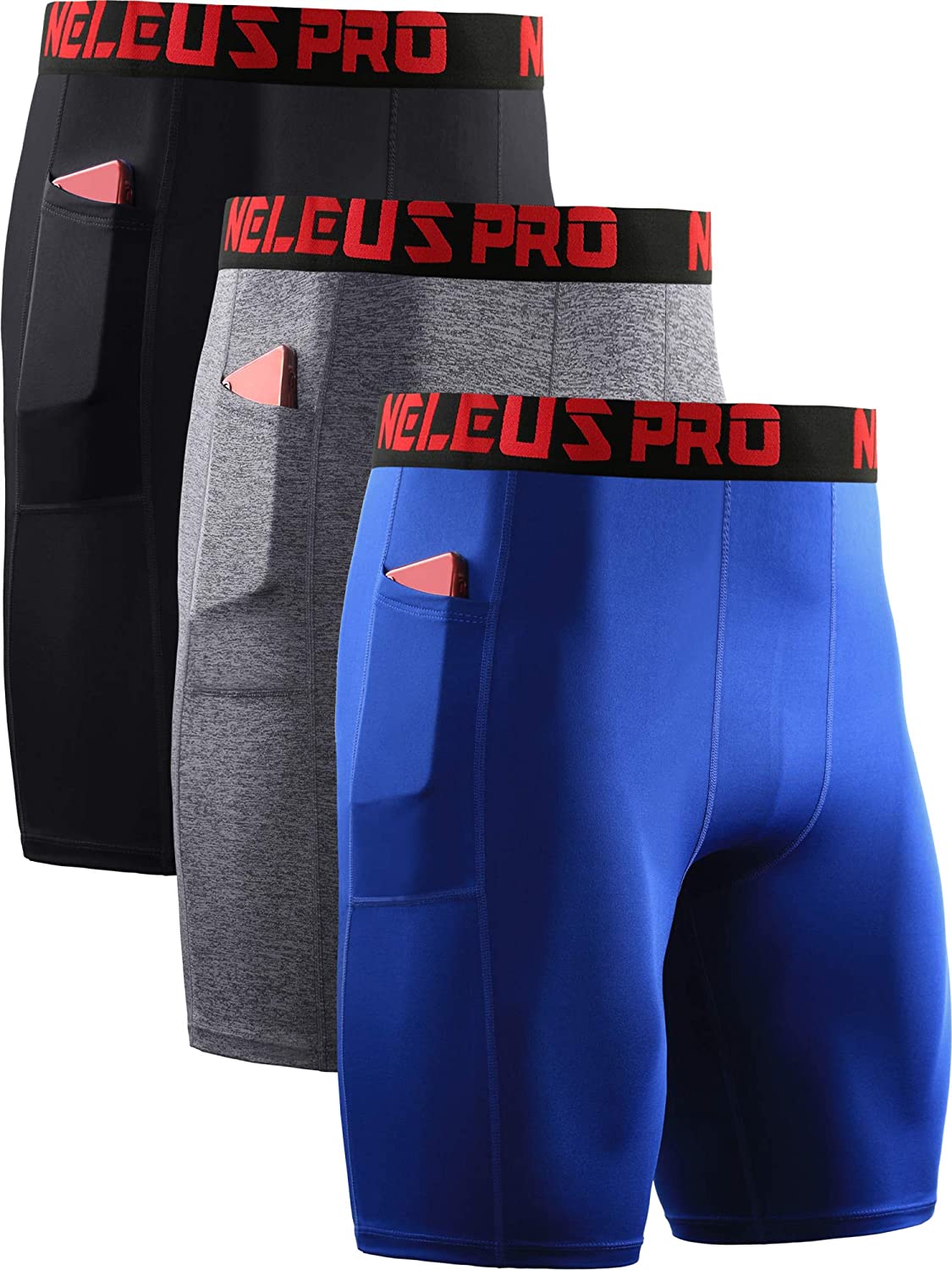 NELEUS Men's Compression Shorts Pack Of 3 Suitable Training, Baseball,  Basketball, Soccer, American Football, Squat, Weight Training, Cycle, Yoga