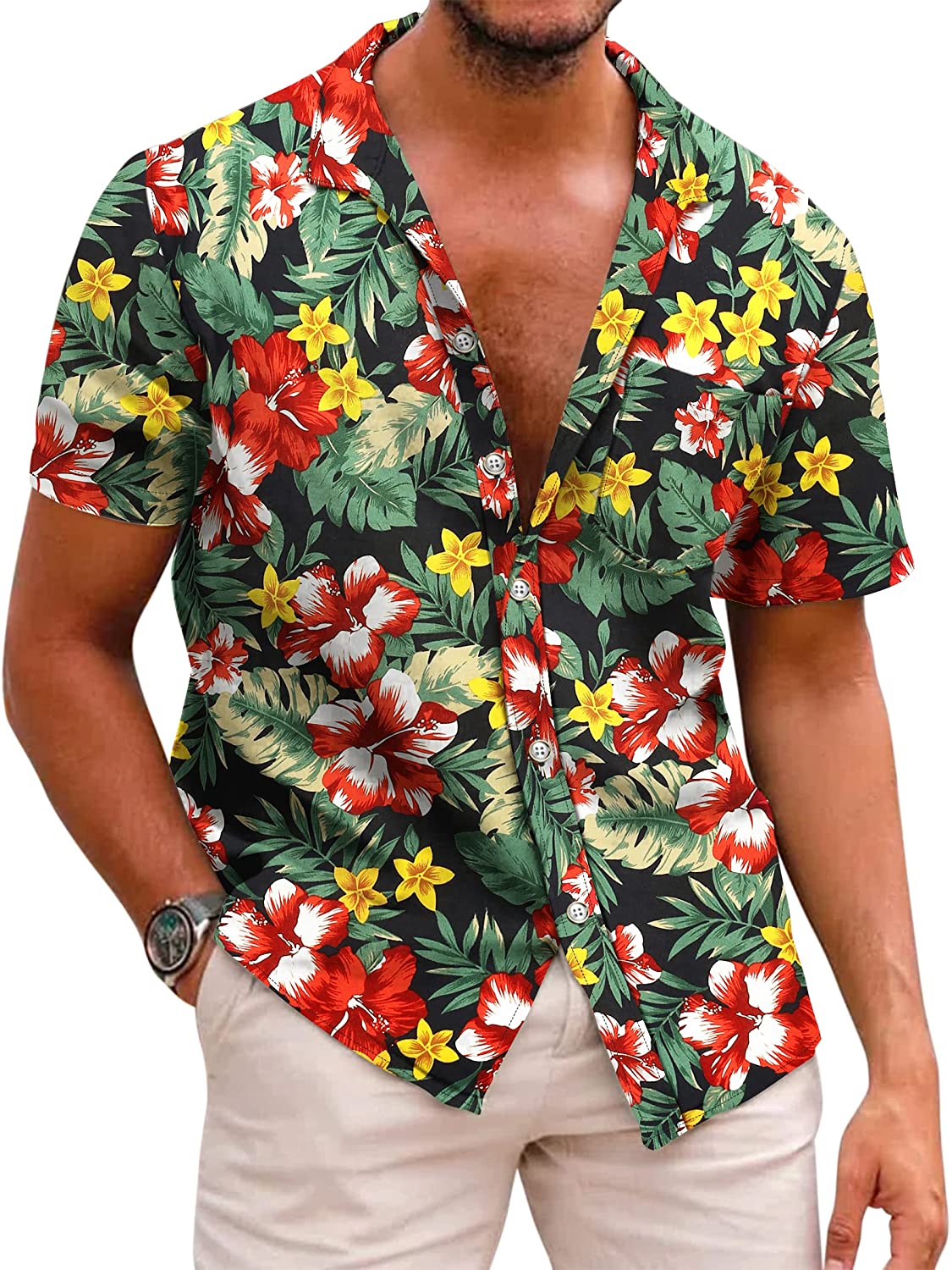 COOFANDY Men's Hawaiian Floral Shirts Cotton Linen Button