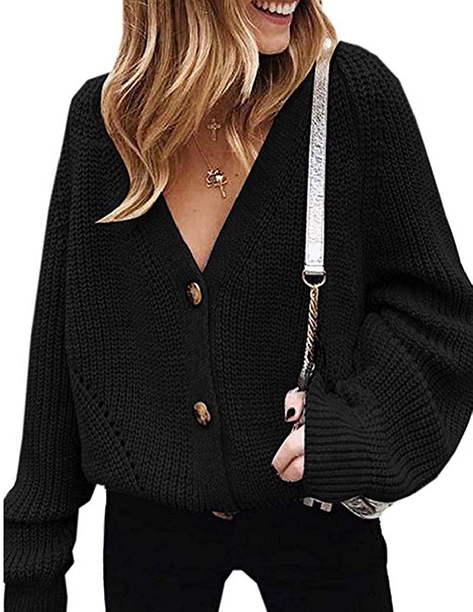 Asskdan Women's V Neckline Button Down Knitwear Lantern Sleeve Basic Knit  Cardig | eBay