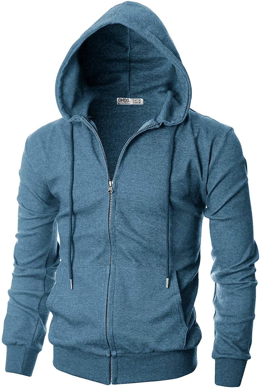Ohoo Mens Slim Fit Lightweight Zip Up Hoodie with Pockets Long