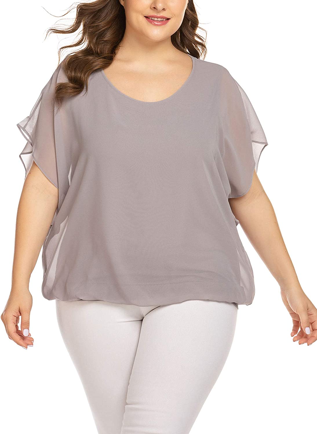 IN'VOLAND Plus Size Women Chiffon Blouse Batwing Sleeve Tops Scoop Neck  Tunic Sh