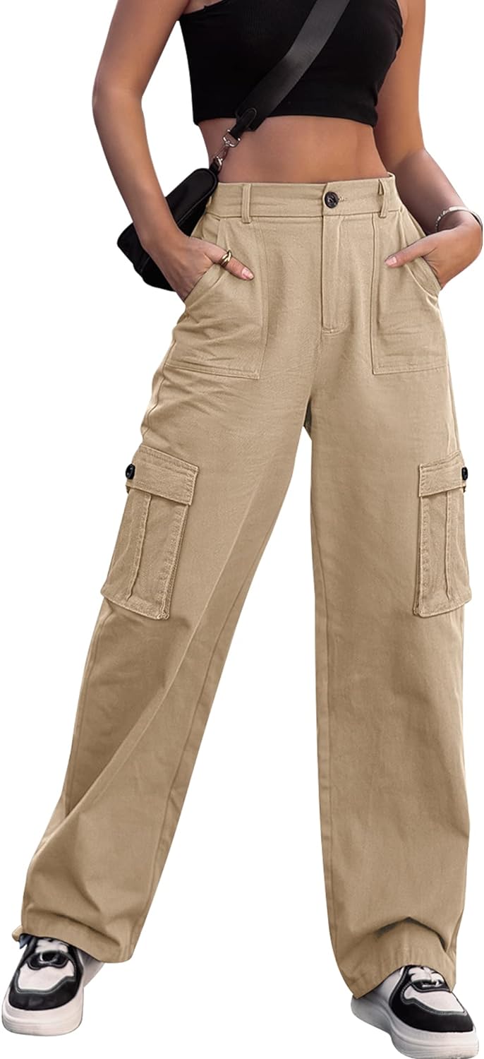 ZMPSIISA Women High Waisted Cargo Pants Wide Leg Casual Pants 6 Pockets  Combat M