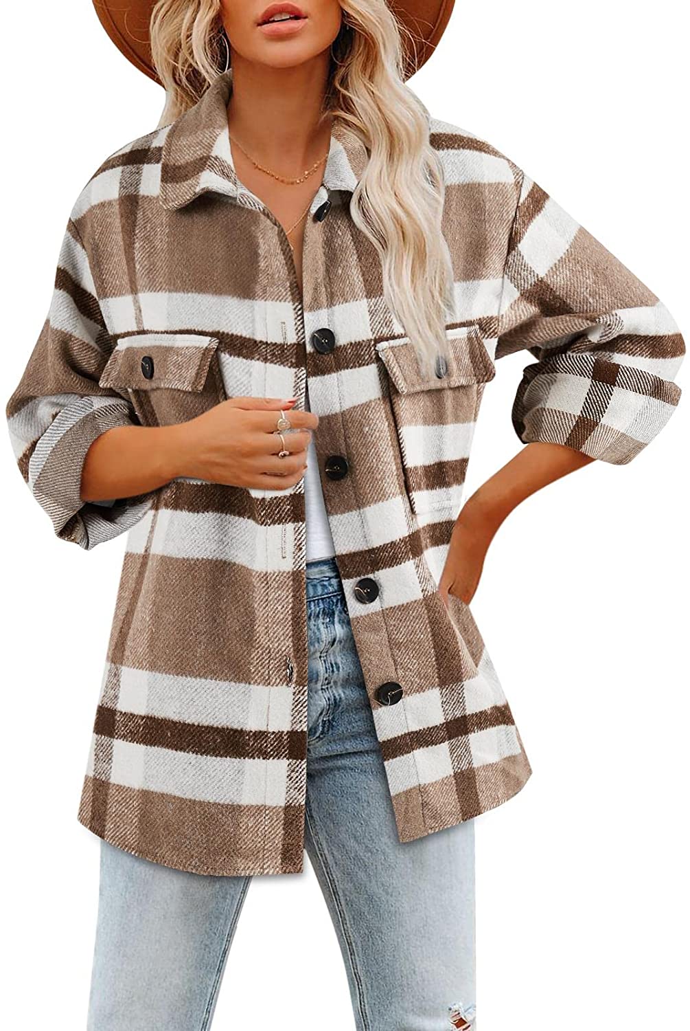 Women's Brushed Plaid Shirts Long Sleeve Flannel Lapel Button Down 