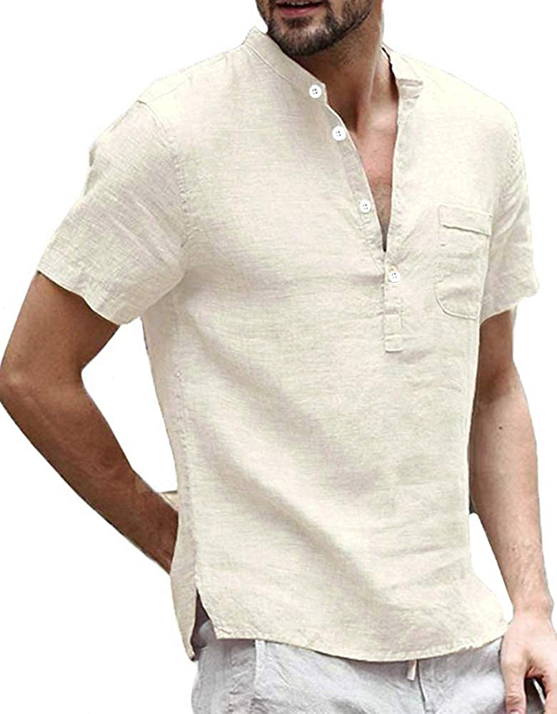 LucMatton Men's Casual Cotton Linen Short Sleeve Henley Shirt Summer Lightweight Banded Collar Beach Tops 