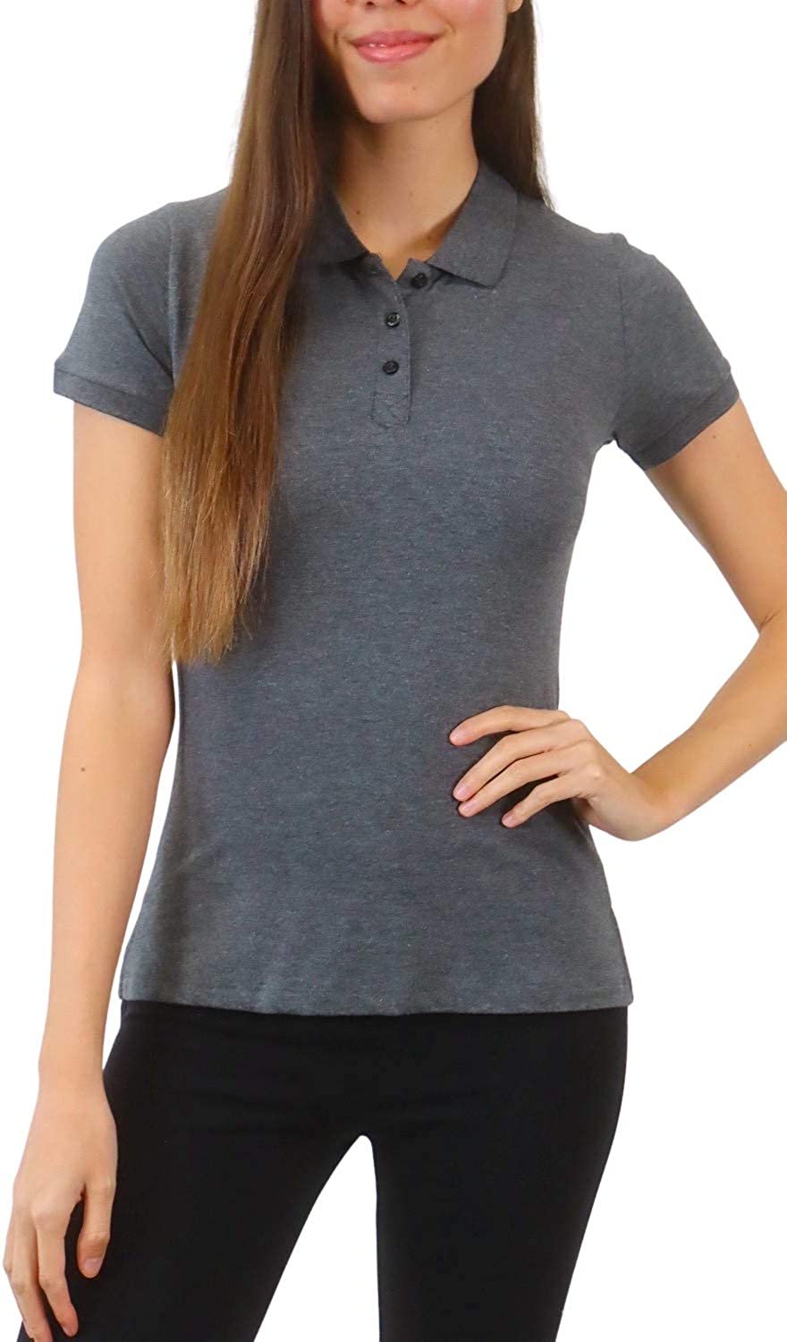 Pure Look Women’s Short Sleeve 5-Button Breathable Stretch Cotton Polo Shirt 