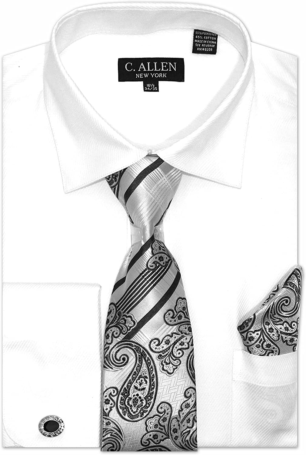 C Allen Mens Dress shirts Tie Hanky Combo French Cuffs Cufflinks Solid Grey 