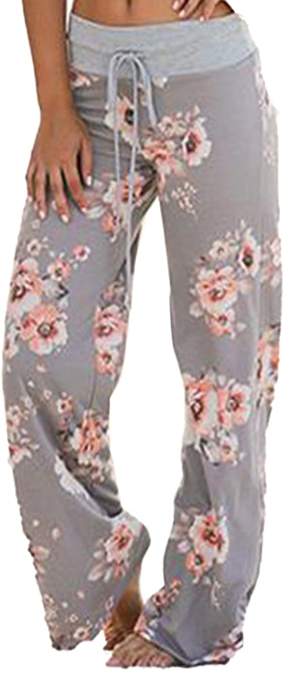 AHAYAKU Womens Comfy Stretch Floral Print Drawstring Palazzo Wide Leg Lounge Pants 