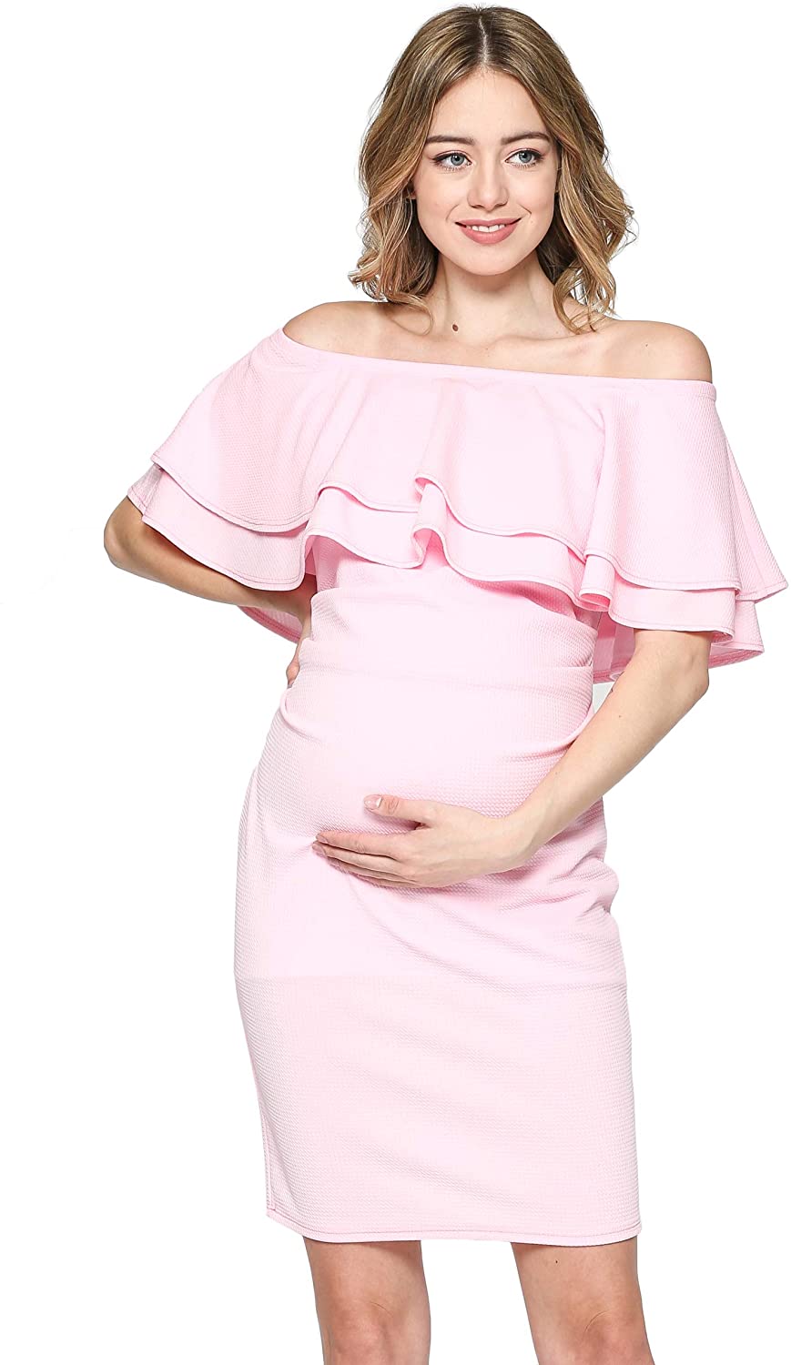 LaClef Womens Off Shoulder Maternity Dress with Double Ruffle 