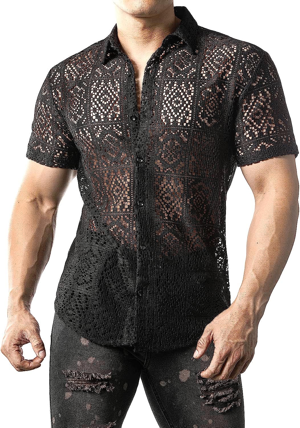 JOGAL Mens Floral Lace Shirt See Through Casual Button Down Shirts | eBay