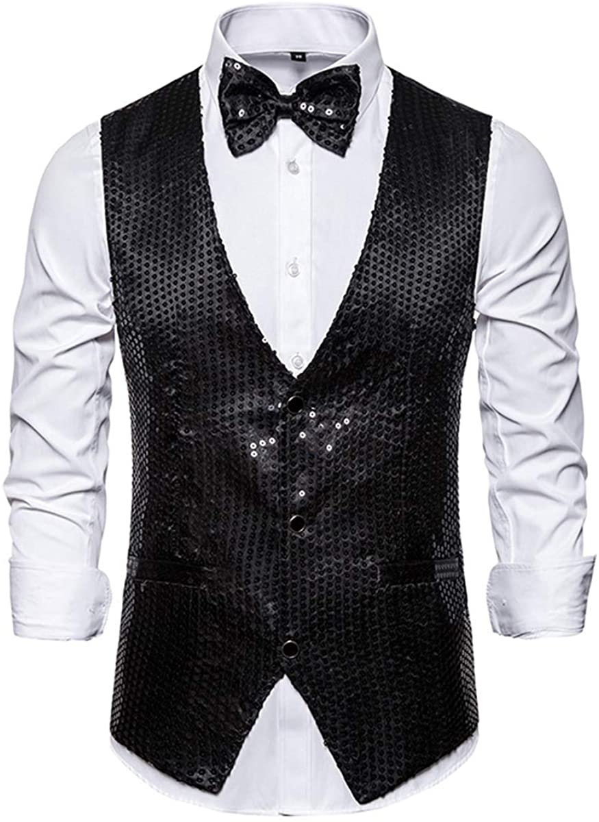 MENDENG Slim Fit Sequin Suit Vest for Men Bowtie Set Tuxedo Waistcoat ...