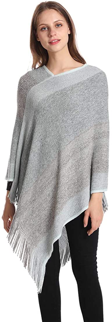 JESPER Womens Elegant Knitted Shawl Poncho with Fringed V-Neck Striped Cashmere Sweater Pullover Cape 