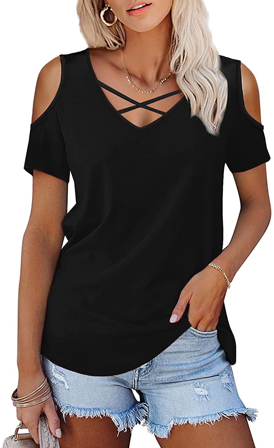 Womens Casual Strappy Cold Shoulder Basic Tees T-Shirt Solid Short Sleeve Summer O-Neck Blouses Tops Juniors 