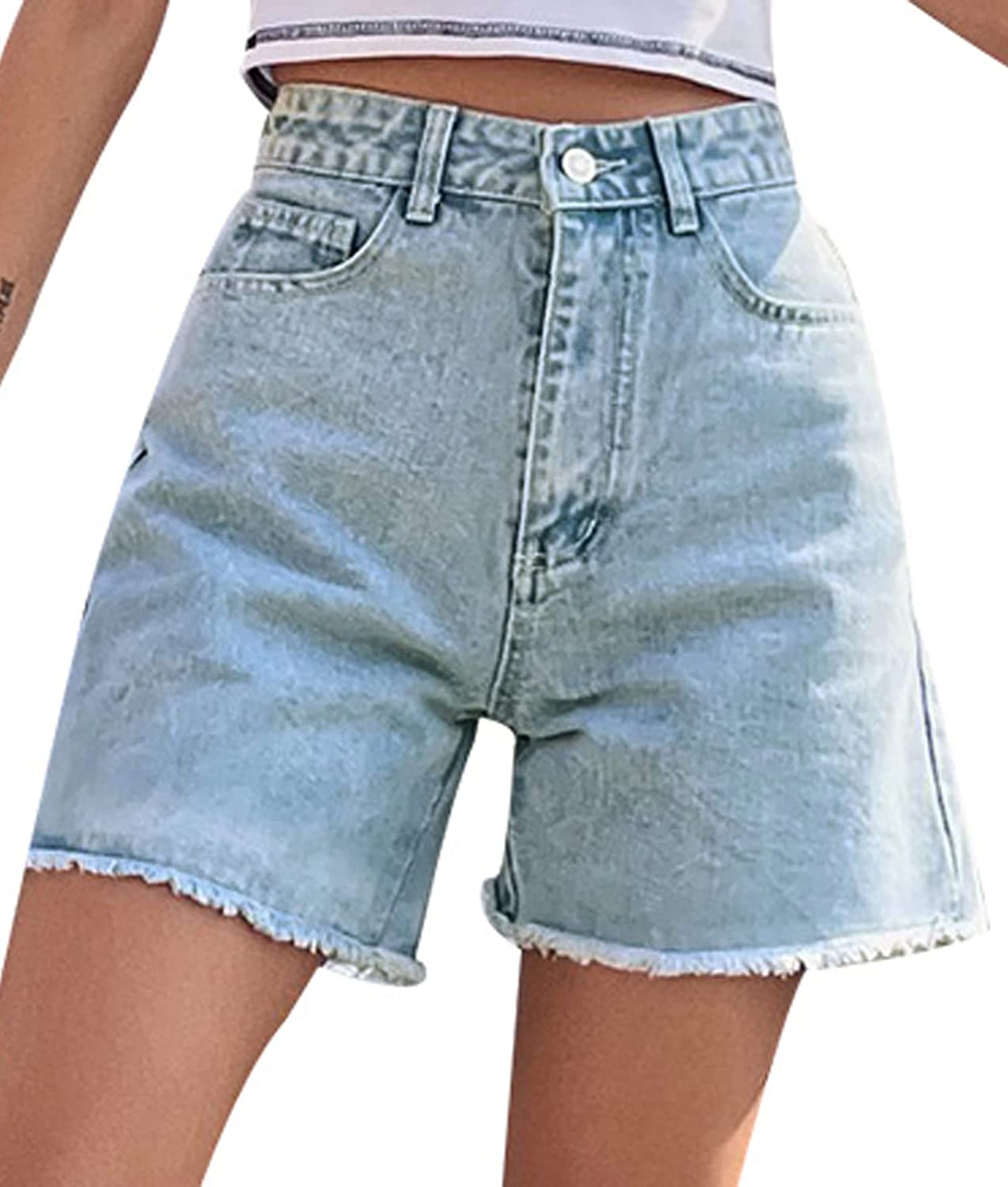 Buy JASAMBAC Women's High Waisted Denim Shorts Rolled Hem Wide Leg Casual  Jean Shorts with Pockets, Black, Medium at