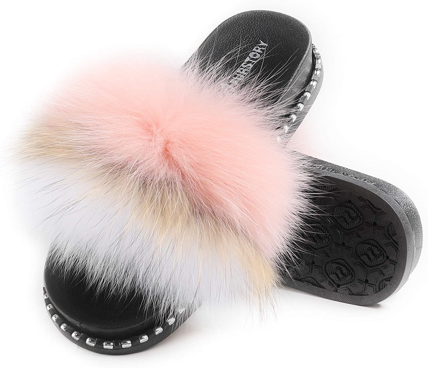 Fur Story Women's Fox Fur Slides Furry Slide Sandals Summer Fur