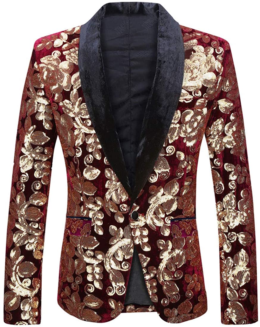 PYJTRL Men Fashion Velvet Sequins Floral Pattern Suit Jacket Blazer 
