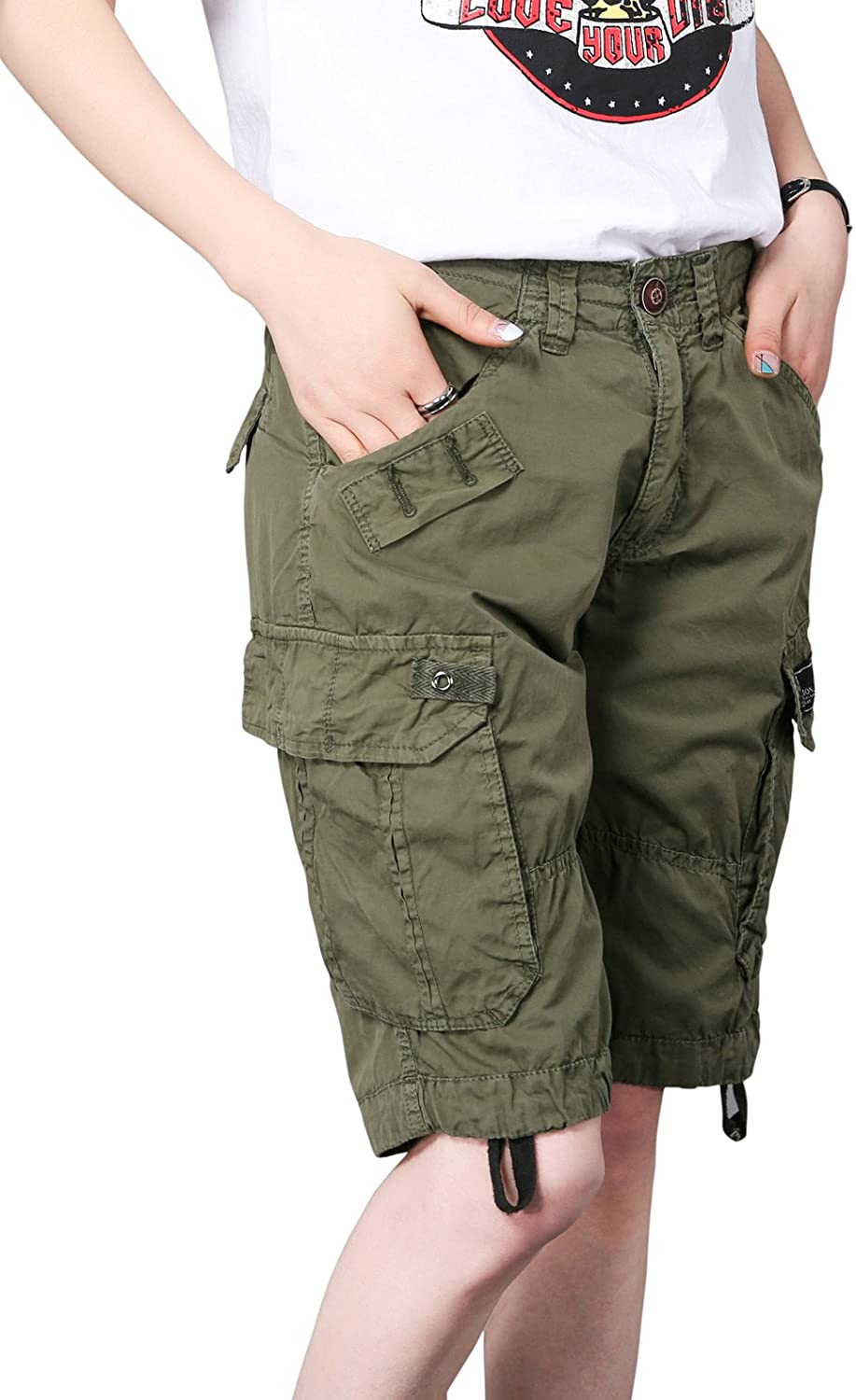 chouyatou Women's Casual Loose Fit Multi-Pockets Twill Bermuda Cargo Shorts 