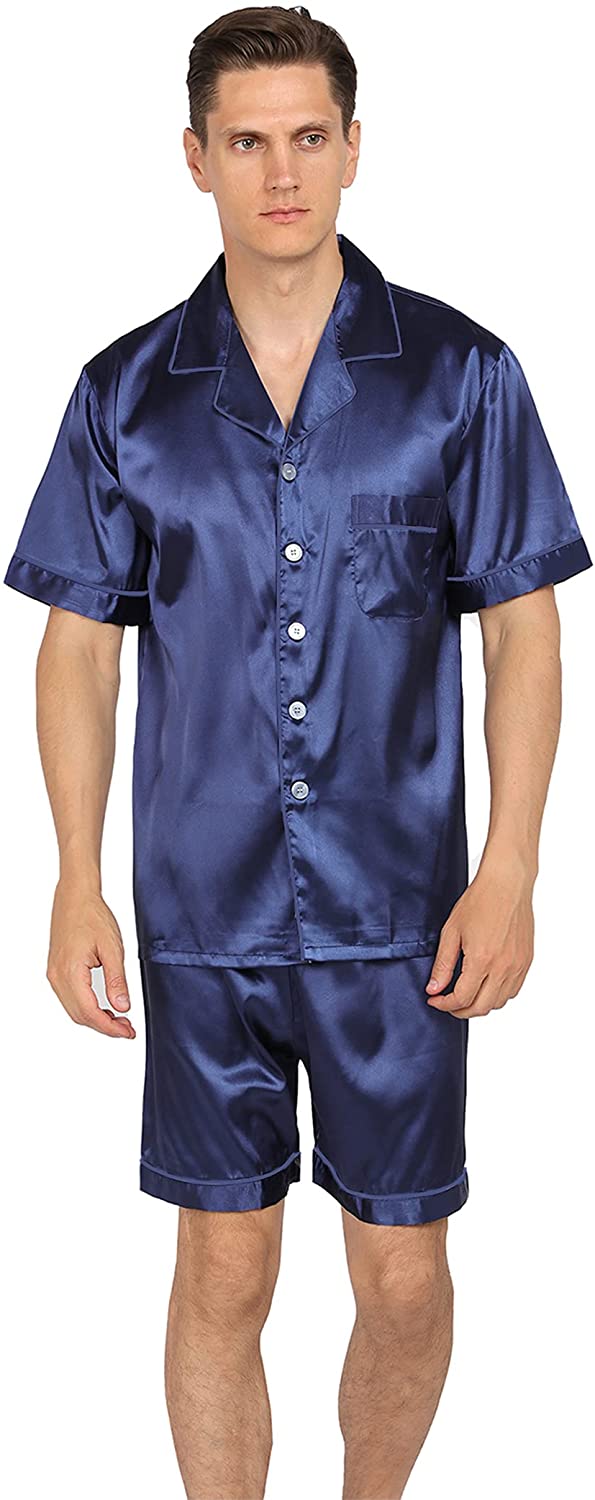 Mens Silk Satin Pajamas Satin T-Shirt Loose Short Sleeve Tops V Neck Sleepwear