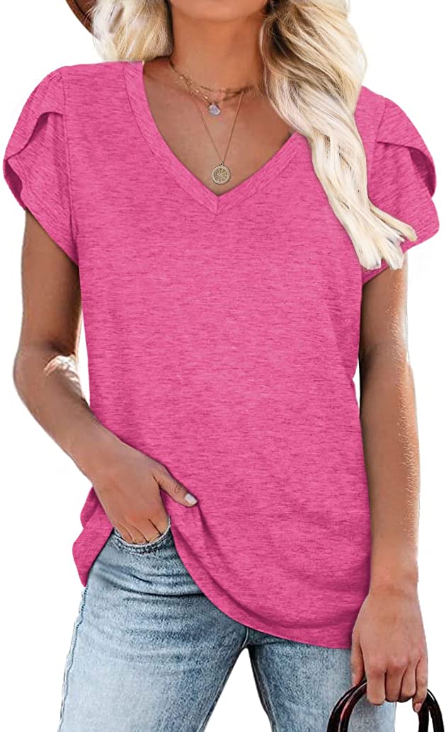 WIHOLL Womens Tops V Neck Summer Petal Sleeve Casual Tshirts
