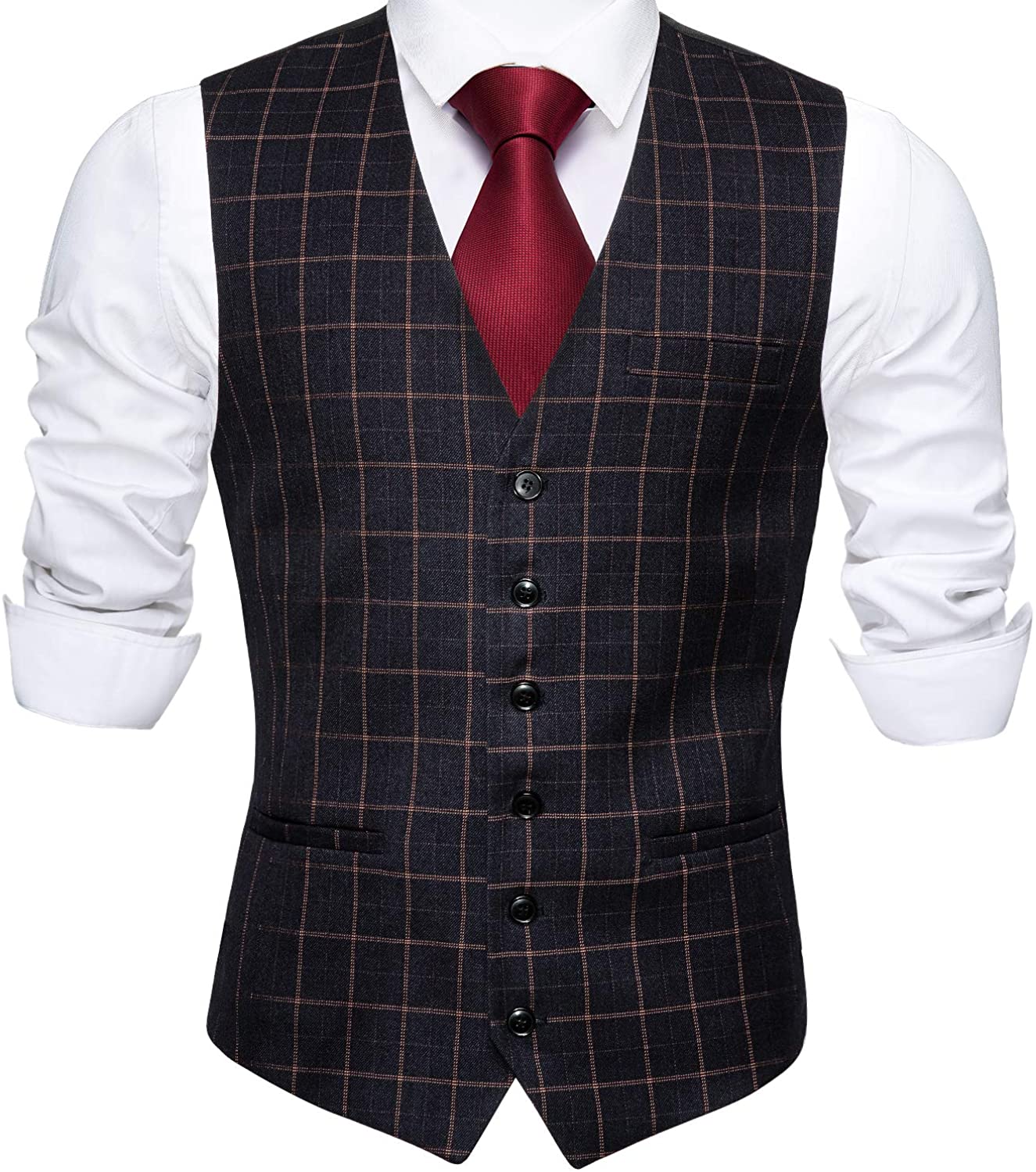 Barry.Wang Mens Plaid Waistcoat Wool Blend Tailored Collar/V-neck 3 Pocket Check Vest Formal/Leisure 