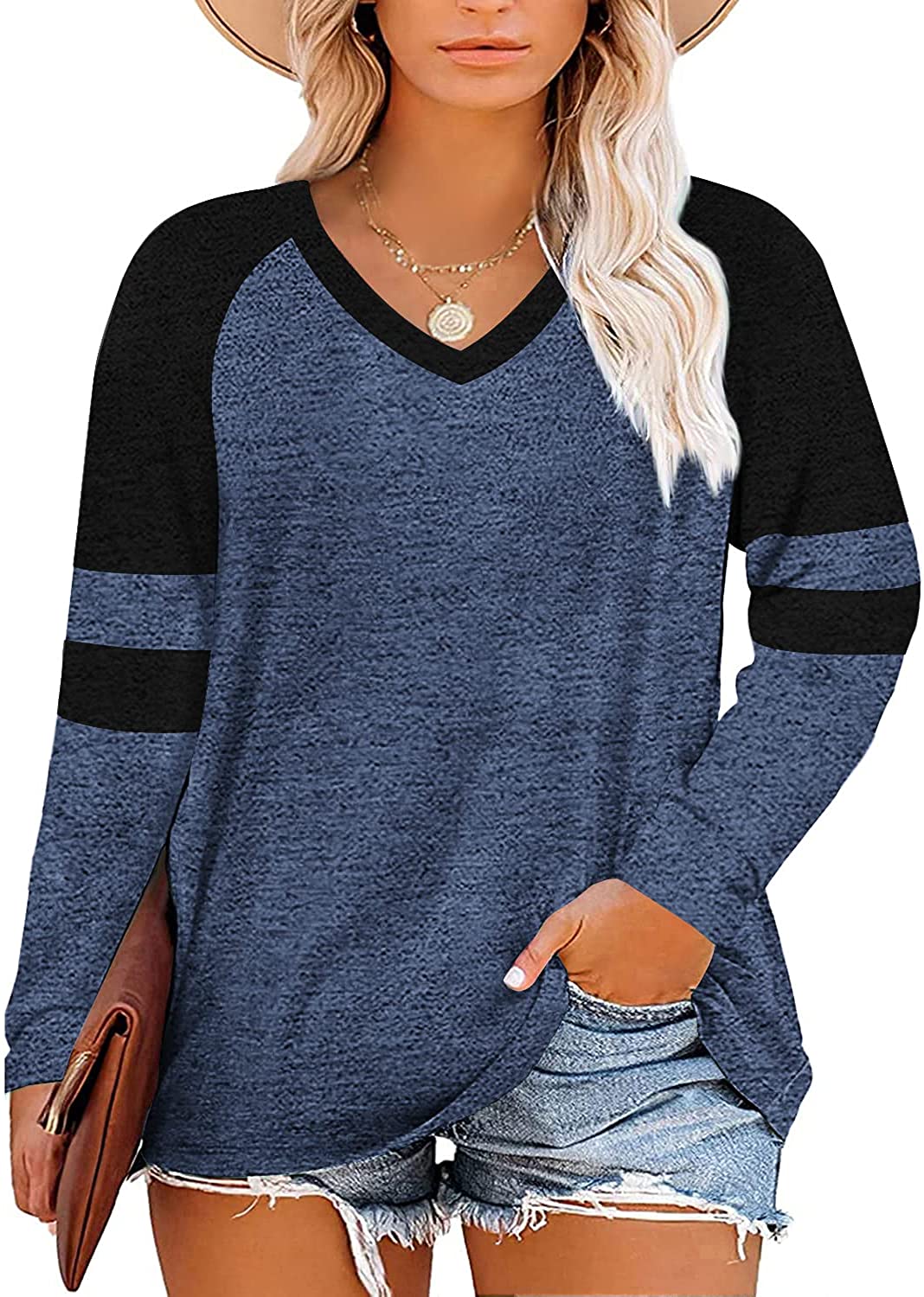 Haloumoning Women's Plus Size Tops Striped Long Sleeve V neck T Shirts  Color Blo