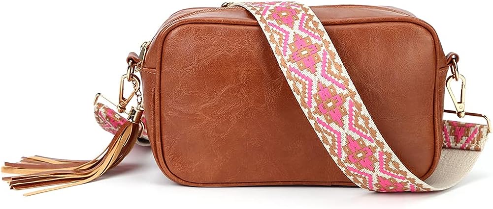 Lushandy Leather Crossbody Bags for Women Crossbody Camera Bag Purse Thick  Strap Trendy Small Shoulder Bag with Guitar Strap