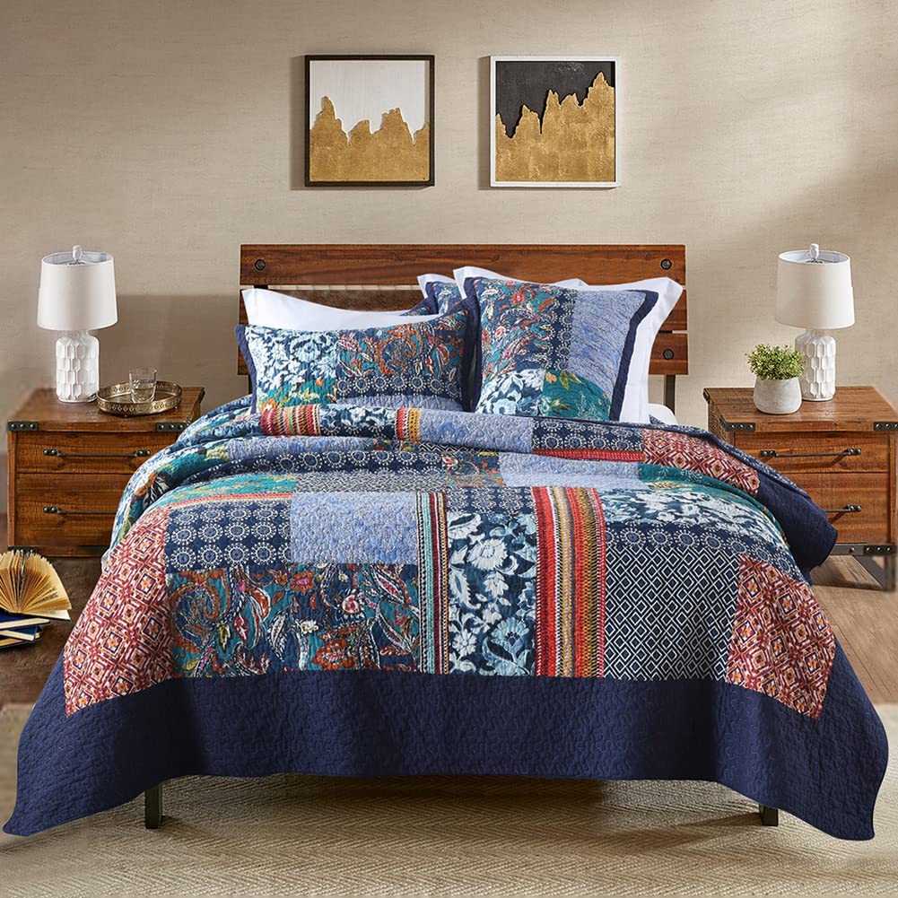  HORIMOTE HOME 100% Cotton Quilt Set Queen Size, Navy Blue  Pre-Washed 3-Piece Bedspread Coverlet Set, Cozy Lightweight Stitching  Bedding Cover with 2 Shams in Geometric Pattern for All Season : Home