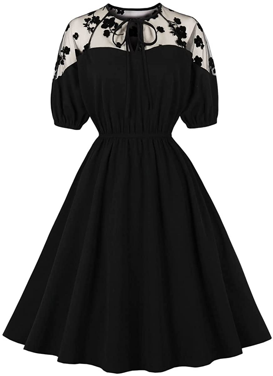 Wellwits Womens Black Polka Dots Tulle Layer Tie Waist Cocktail Vintage Dress 
