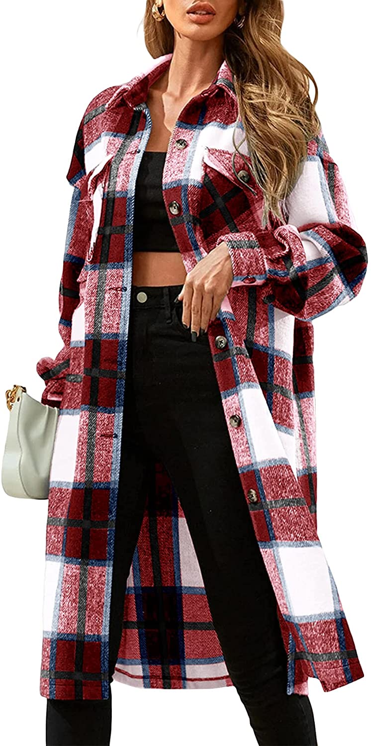 Womens Plaid Button Down Wool Blend Coat Casual Shirt Jacket Lapel Long  Peacoat