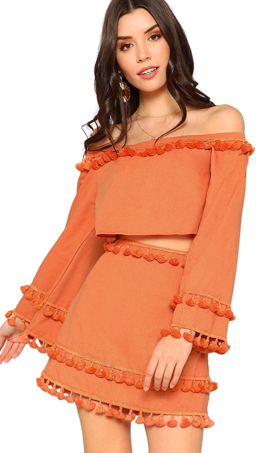 SheIn Womens 2 Piece Outfit Fringe Trim Crop Top Skirt Set