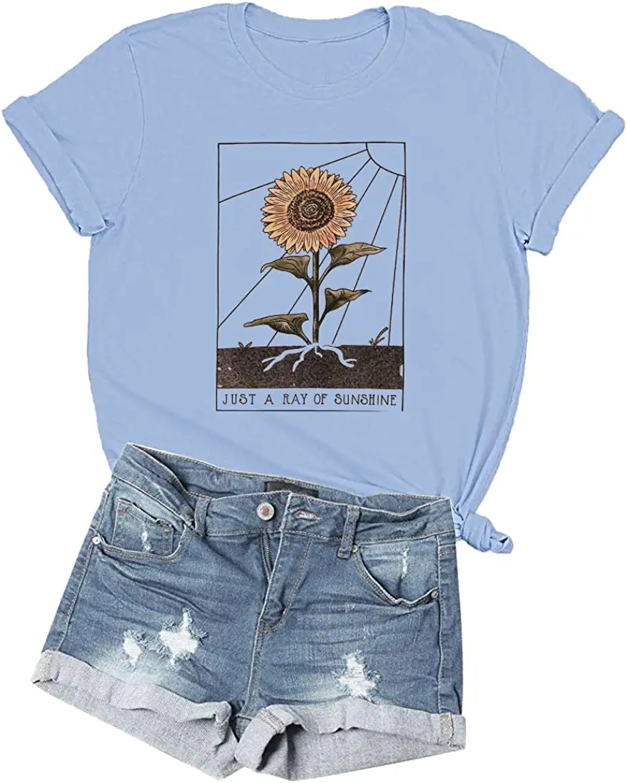 Wycnly Cute Tops for Women Short Sleeve V-Neck Sunflower Print T