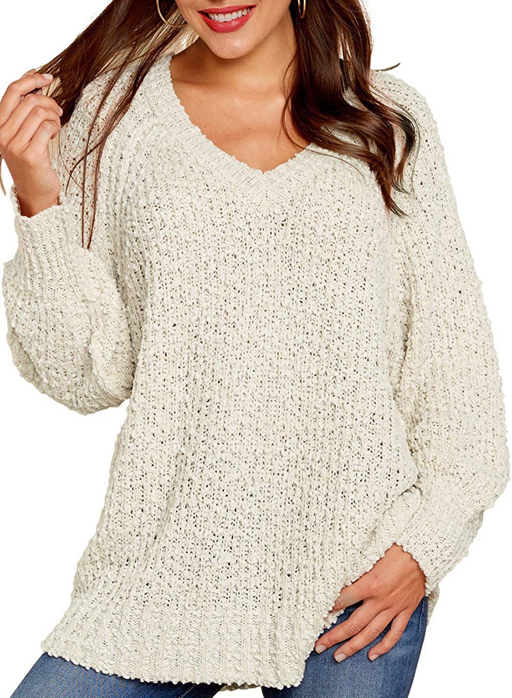 KIRUNDO Women's Winter Fuzzy Popcorn Sweater V Neck Long Sleeves Loose Fit  Sweat | eBay