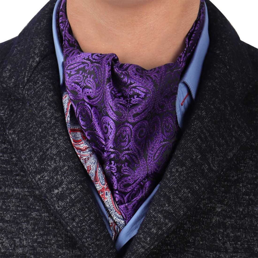 New men's polyester ASCOT cravat neck tie & hankie set Burgundy Paisley prom 