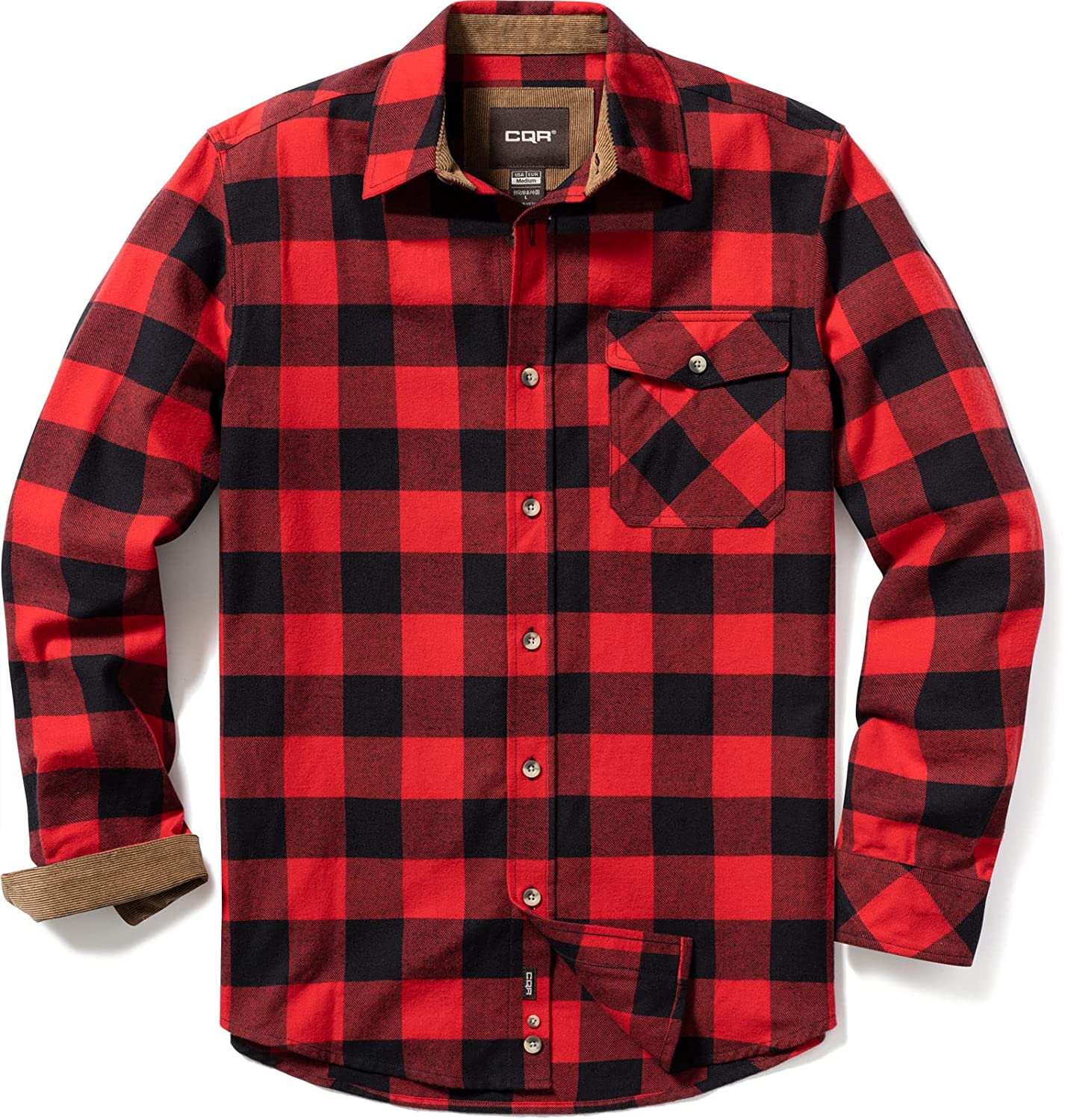 CQR Men's All Cotton Flannel Shirt, Long Sleeve Casual Button Up Plaid Shirt, Brushed Soft Outdoor Shirts