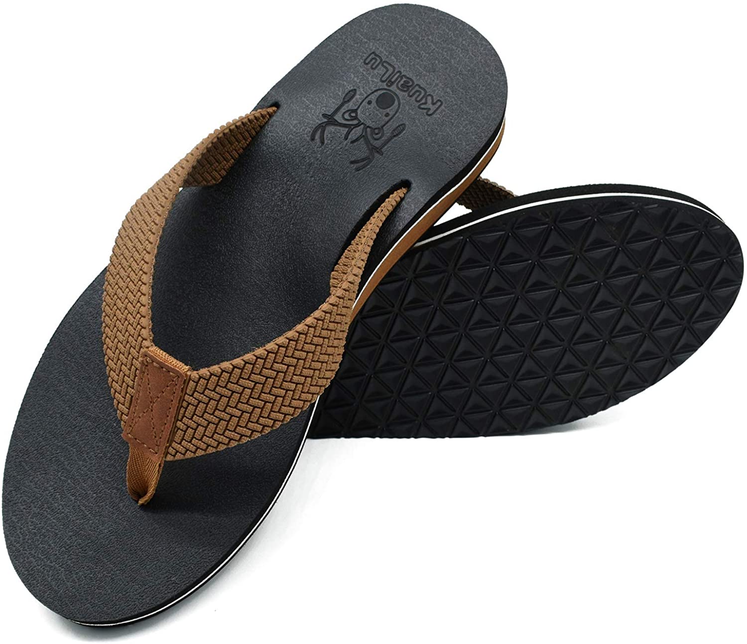 KuaiLu Men's Yoga Mat Leather Flip Flops Thong Sandals with Arch