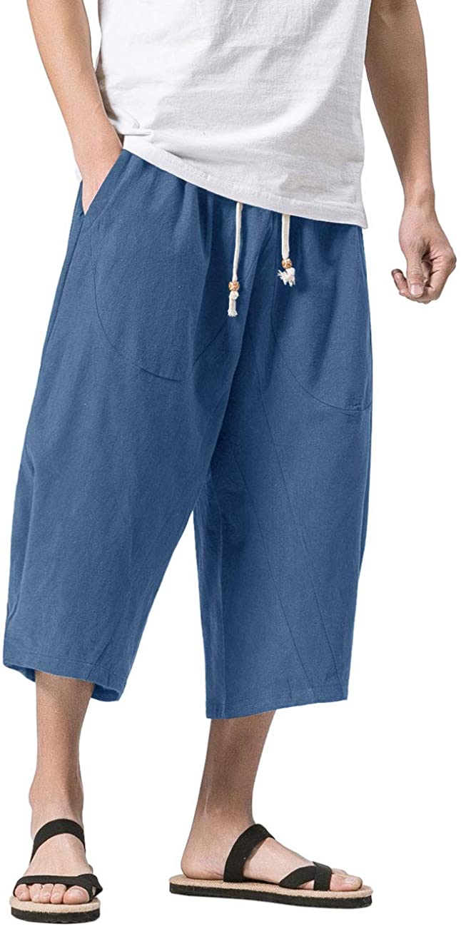 MAGNIVIT Men's Linen Cotton Capri Pants Loose Fit Elastic Waist Wide Leg Baggy Harem Pants 