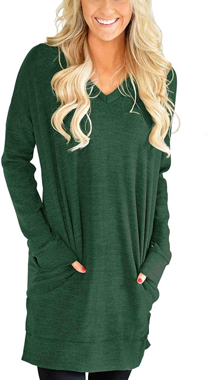 XUERRY Womens Casual V-Neck Long Sleeves Pocket Solid Color Sweatshirt  Tunics Bl | eBay
