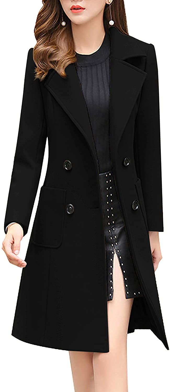 chouyatou Women Elegant Notched Collar Double Breasted Wool Blend Over Coat 